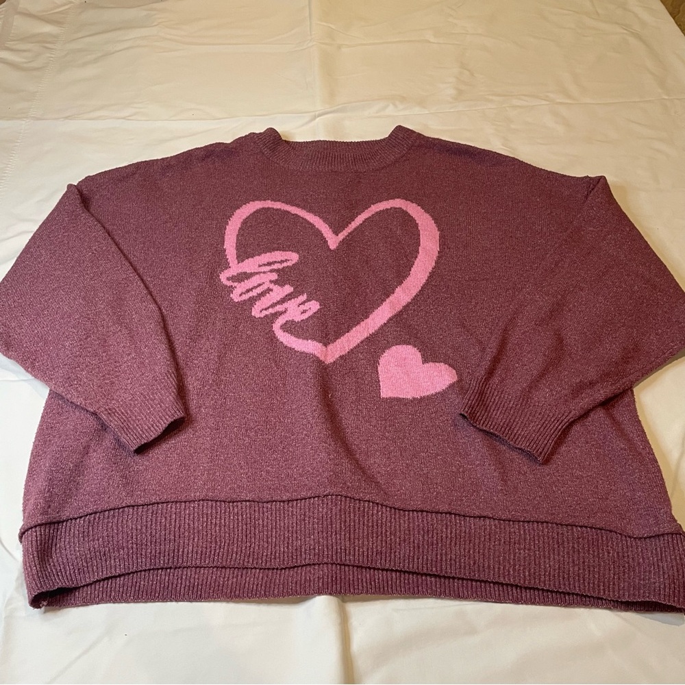 Terra & Sky Mauve Crewneck Sweater with Pink‎ Heart "Love" Graphic